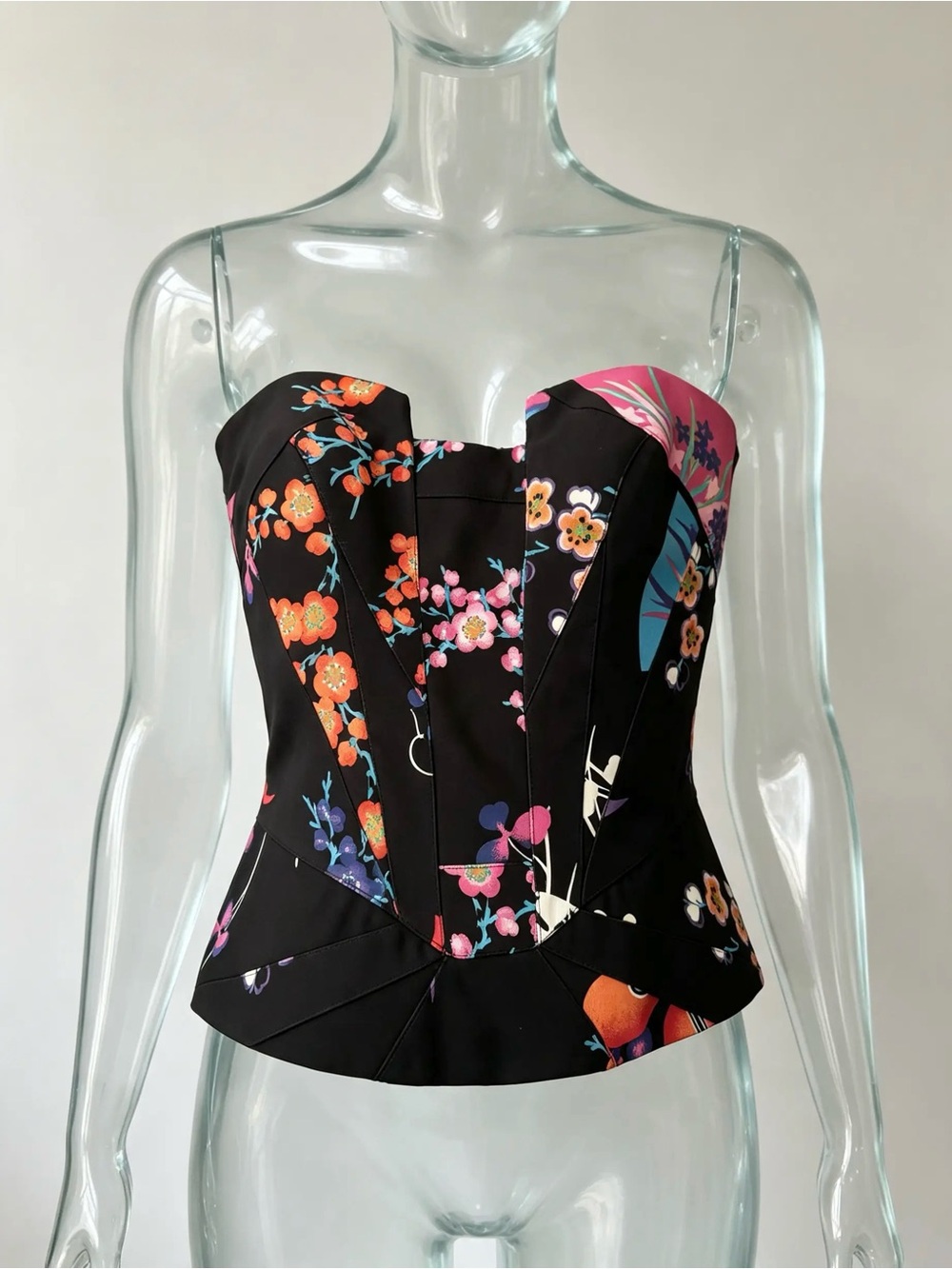 Versace for H&M Black Strapless Floral Corset Dress with Pink Accents